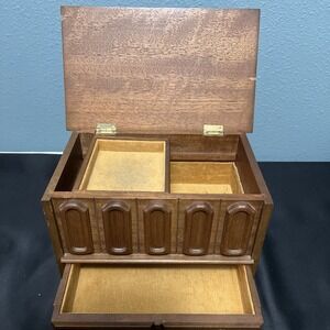 Vintage 60's Mele Wood Jewelry Chest Box Flip Up Lid / 2 Drawers Made In Taiwan
